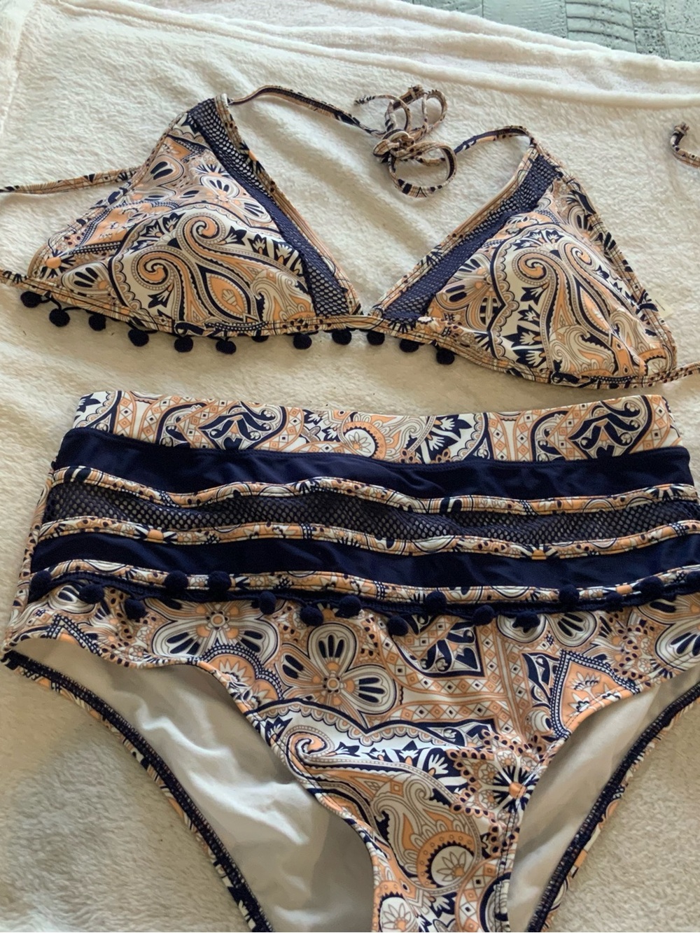 High-Waist Paisley Bikini Set in Navy and Peach nwot size large sku 3259